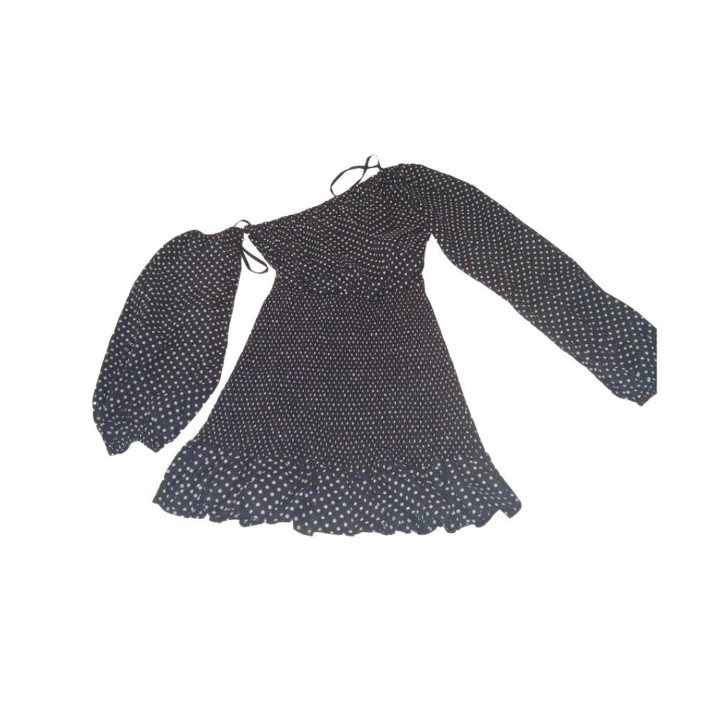 Tularosa Womens One Shoulder Smocked Polka Dot Long Sleeve Mini Dress Black XS